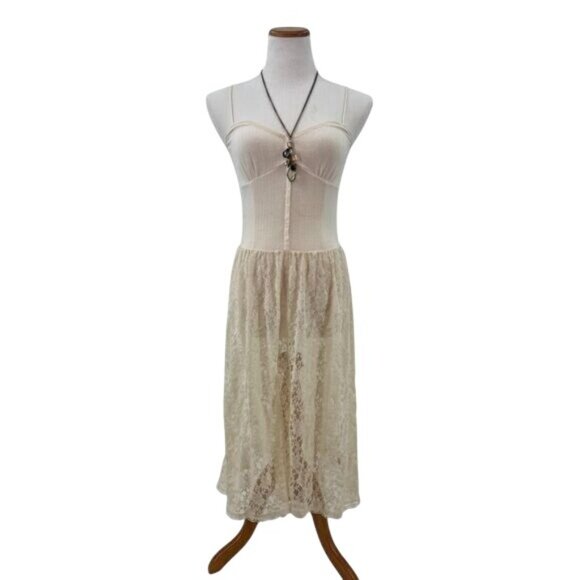 RARE Intimately Free People Boho Cottagecore Cream Lace Henley Maxi Slip Dress - Picture 9 of 16